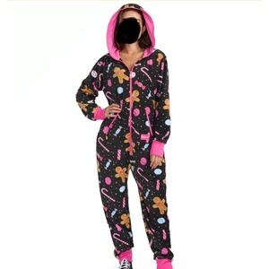 Tipsy Elves Lets Get This Gingerbread Jumpsuit Womens XS Black Pink Hooded